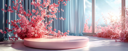 Elegant pink podium with peach blossom in sunlit roomの写真素材