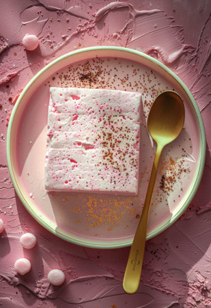 Minimalistic pink and gold dessert arrangement with spoon on textured background
