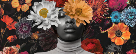 Black and white portrait of a woman with vibrant flowers covering eyesの写真素材