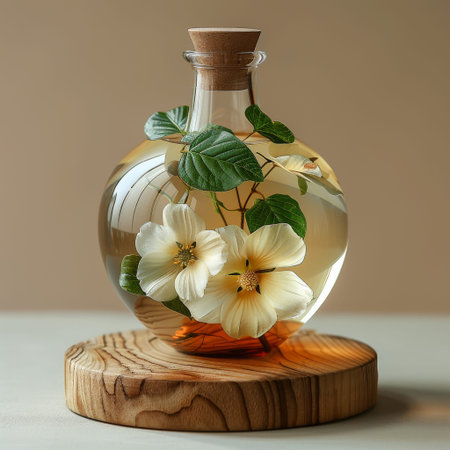 Close-up of a glass bottle with white flowers and green leaves inside on a wooden base