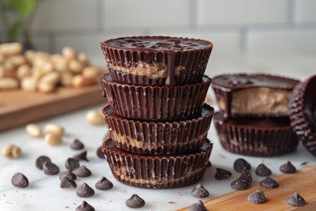 Stack of chocolate peanut butter cups with chocolate chips and peanuts
