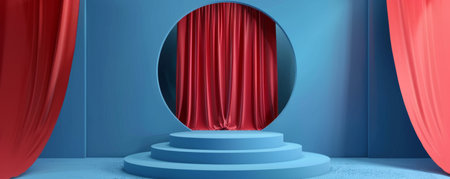 Blue background with red curtains and geometric stage designの写真素材