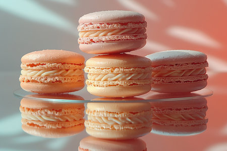 Colorful macarons reflected in a mirror with a pastel backgroundの写真素材