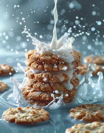 Milk splashing over a stack of cookies creating a dynamic and appetizing sceneの写真素材