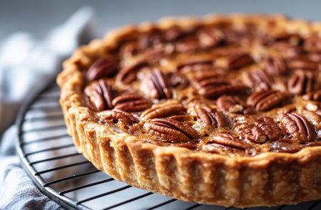 Delicious homemade pecan pumpkin pie on a cooling rack in kitchenの素材