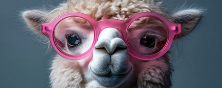 Adorable alpaca with pink glasses posing confidently for a portraitの素材