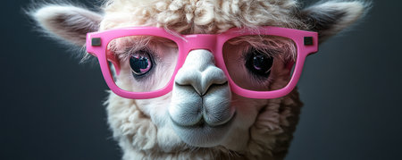 Adorable alpaca wearing pink glasses with a curious expressionの素材