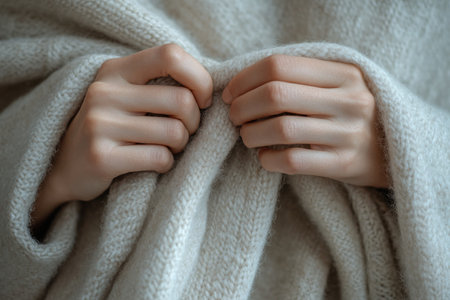 Close-up of hands adjusting a cozy grey wool scarfの素材