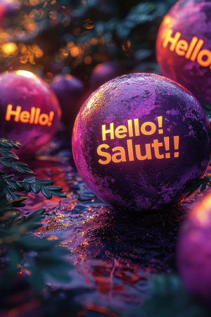 Creative 3D globe icons with greetings in a vibrant purple themeの素材