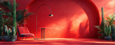 Modern floor lamp in a vibrant red room with plants and chairの素材