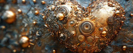 Golden steampunk heart sculpture with intricate metal cogs and gearsの素材