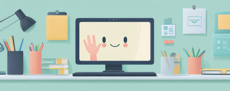 Cartoon Illustration of a Smiling Computer Screen in a Work Environmentの素材