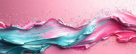 Dynamic pink and turquoise abstract paint flow with splashes and textureの素材