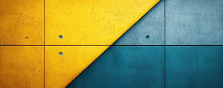 Close-up of a colorful wall with yellow and teal geometric designの素材