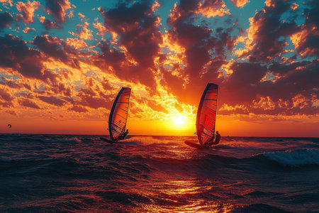 Two Windsurfers Glide Across Ocean Waves Against a Vibrant Sunsetの素材