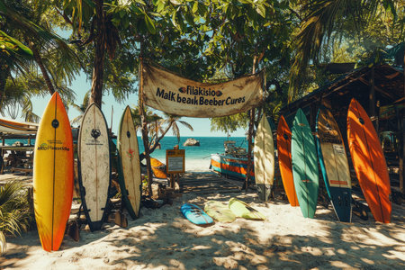Colorful surfboards displayed on a tropical beach by the oceanの素材