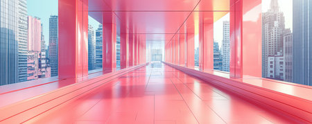 Urban architecture with a red platform in a vibrant cityscapeの素材