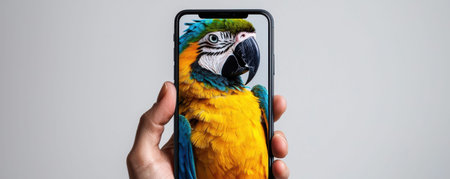 Mobile phone displaying vibrant parrot seamlessly blending with reality in handの素材