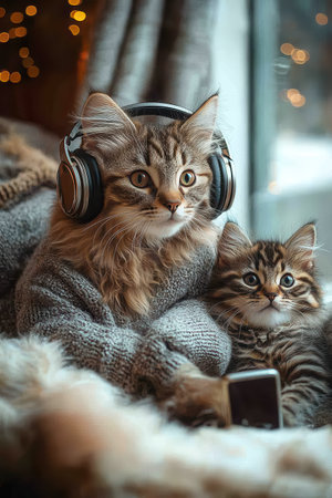 Adorable tabby cats enjoying music with headphones in cozy ambianceの素材