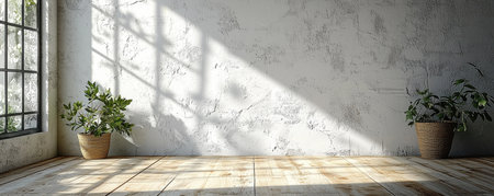 Sunlit room with wooden floors, large window, and lush indoor plantsの素材