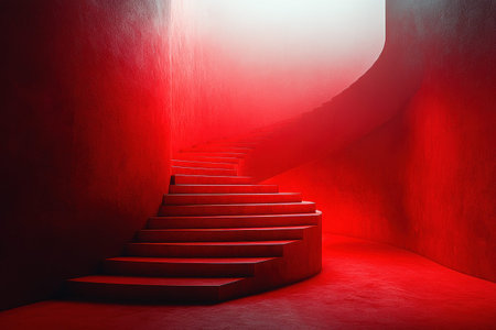 Minimalist red staircase with dramatic lighting and shadow effectsの素材