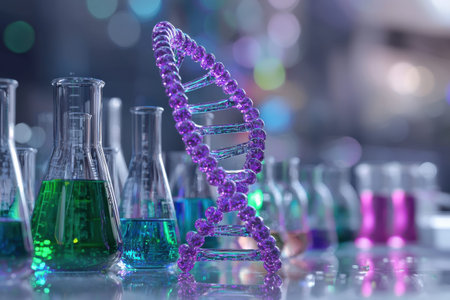 3D Rendering of DNA Outline with Colorful Laboratory Equipmentの素材