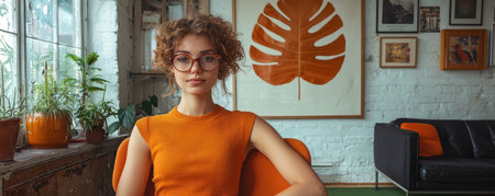 Stylish woman in vibrant interior with plants and artistic wall decorationsの素材