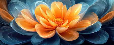 Digital flower art featuring vibrant orange and blue petals in abstract styleの素材