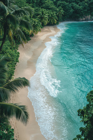 Aerial view of tropical beach with lush palm trees and pristine blue watersの素材