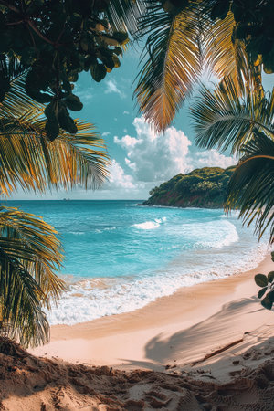 Idyllic tropical beach framed with lush palm leaves and turquoise wavesの素材