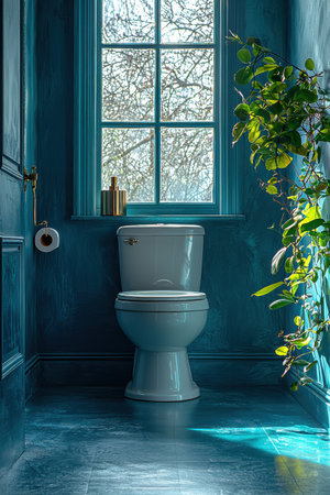 Minimalist bathroom interior with sunlight, plant, and view through a large windowの素材
