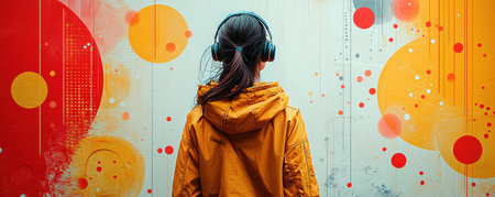 Person in headphones viewing a colorful abstract wall with vibrant dotted patternsの素材