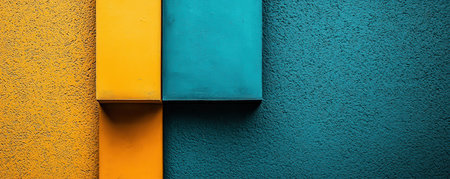 Close-up of a textured teal and yellow wall with intersecting blocksの素材