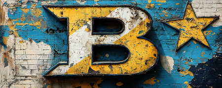 A vibrant close-up of a weathered yellow letter B and a starの素材