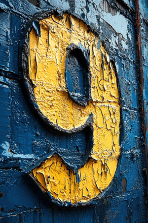 Close-up of weathered yellow number nine on a textured blue surfaceの素材