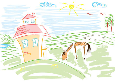 Vector landscape with house and horse in sun dayのイラスト素材