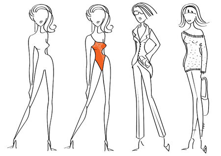 Fashion women in beautiful clothes on whiteのイラスト素材