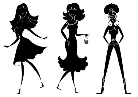  silhouettes of women in fashion clothes on whiteのイラスト素材