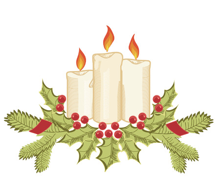 Christmas candles and holly sprigs on white.のイラスト素材