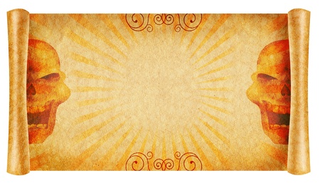 Old paper scroll with skull decor.Background textureの写真素材
