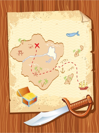 Old parchment with pirate map and dagger- vector illustration.のイラスト素材