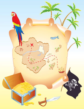 Pirate's treasure with parrot and palms. Vector old mapのイラスト素材