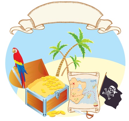 Pirate's treasure with parrot and palms. Vector cartoonsのイラスト素材