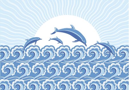 Vector blue dolphins jumping in seaのイラスト素材
