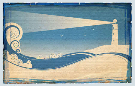 Symbols of lighhouse in sea landscape on old paper textureの写真素材