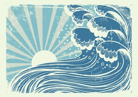 Storm in blue sea.Vectorgrunge image of big waves in sun dayのイラスト素材
