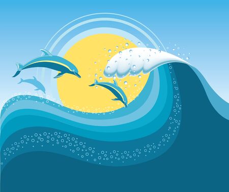 Dolphins in blue sea waveのイラスト素材