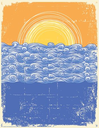 Abstract sea waves. Vector illustration of sea landscape.Grunge imageのイラスト素材