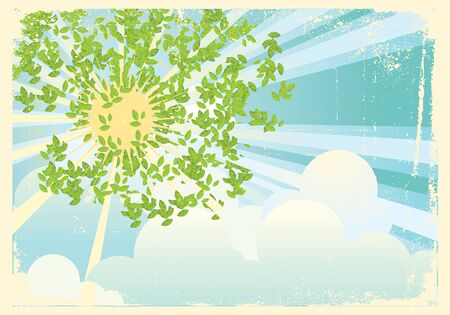 Sun rays in green leaves.Vintage abstract illustration of skyのイラスト素材