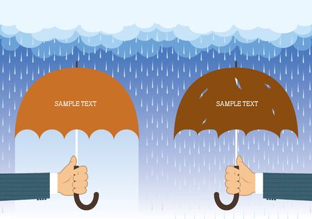 Hands with umbrellas under big rain.Vector background for text のイラスト素材